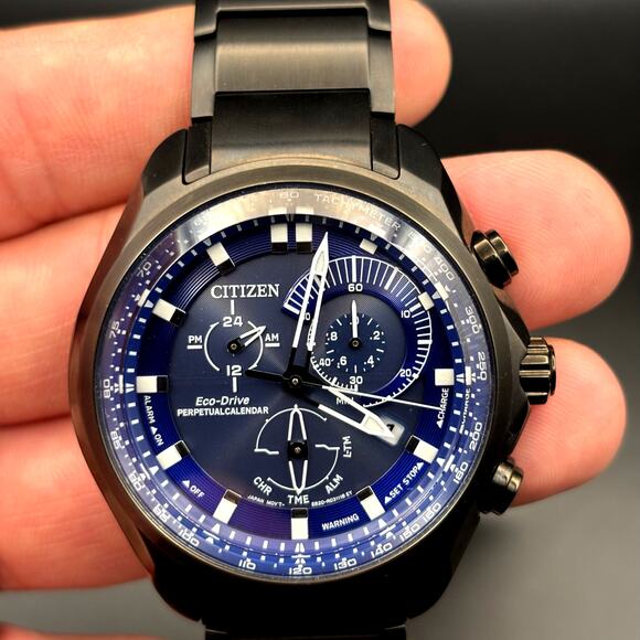 Citizen BL5607-54L Men’s Eco-Drive Sport Chronograph Blue Dial Black IP NIBWT - Picture 1 of 17